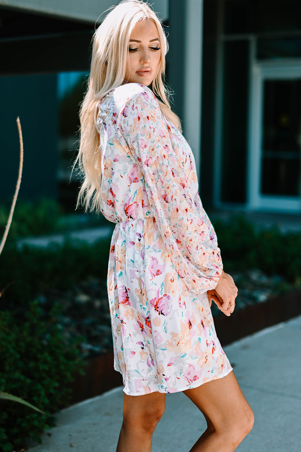 Floral Bubble Sleeve V-Neck Dress - GlamZation