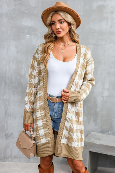 Plaid Open Front Long Sleeve Cardigan