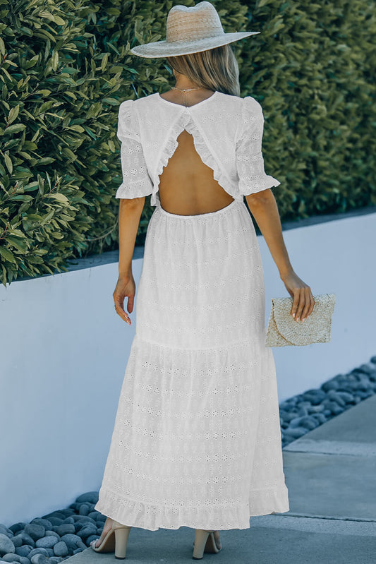 Eyelet Front Slit Puff Sleeve Maxi Dress - GlamZation