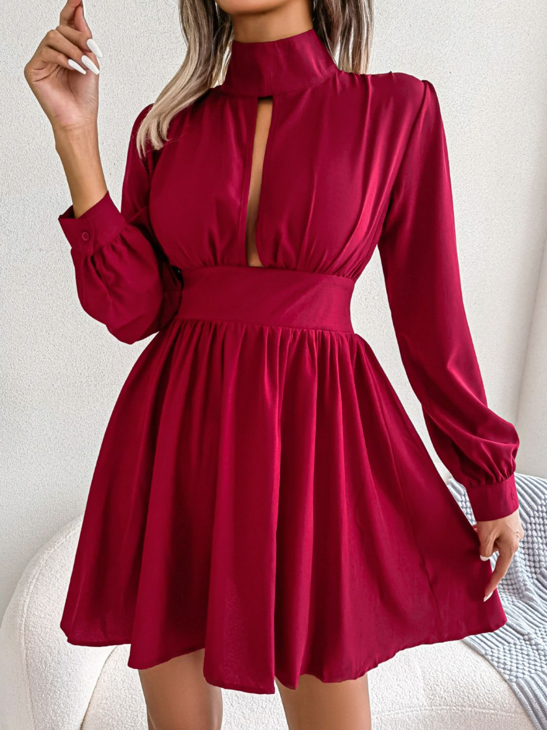 Cutout Turtleneck A-Line Mini Dress - GlamZation