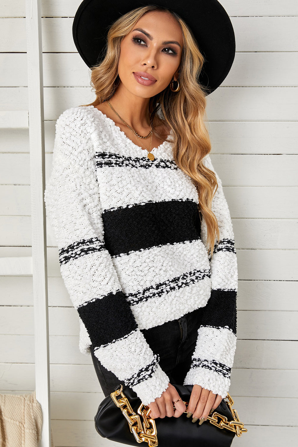 Striped V-Neck Popcorn Knit Sweater