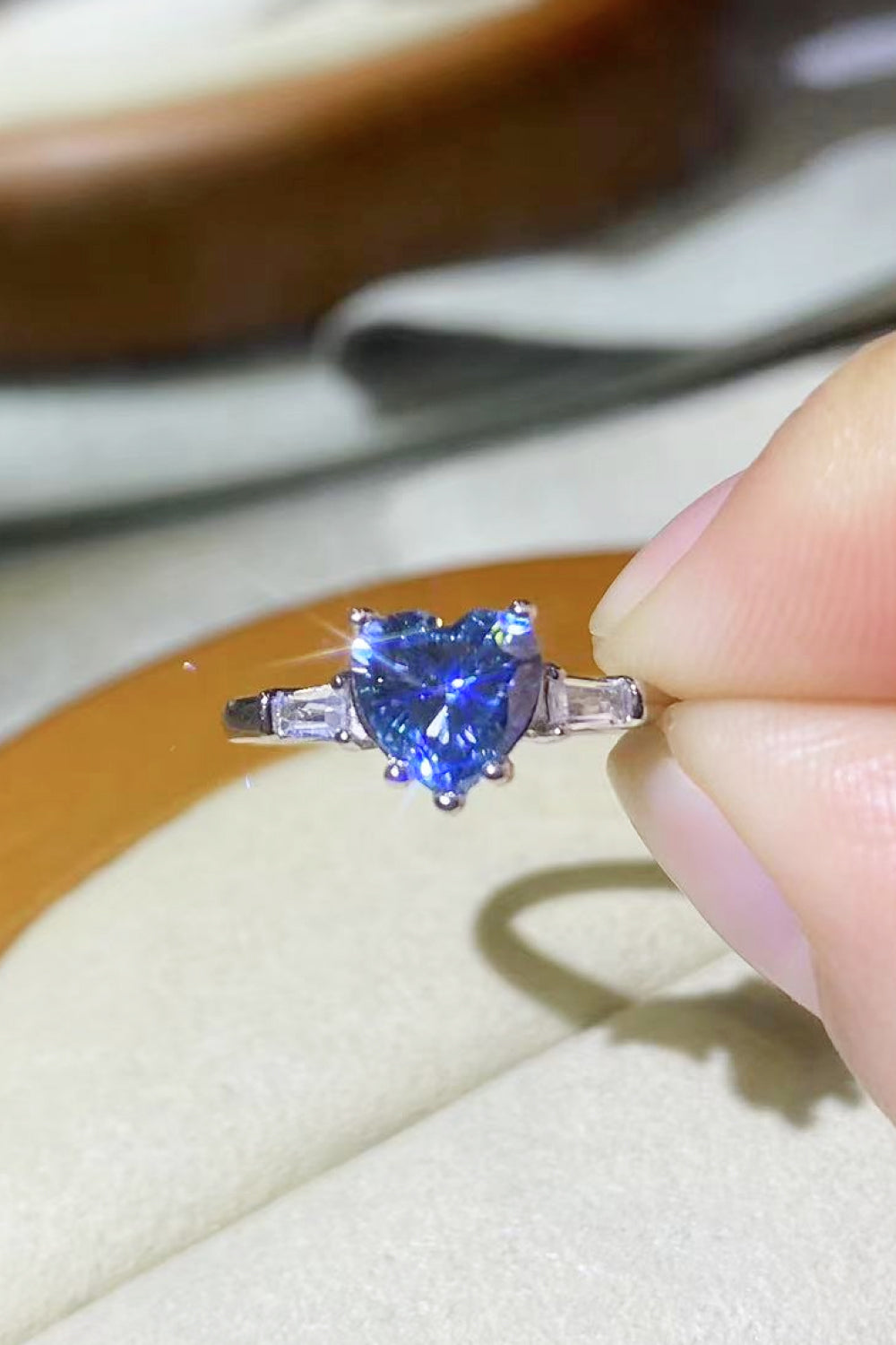 1 Carat Moissanite Heart-Shaped Platinum-Plated Ring in Blue - GlamZation