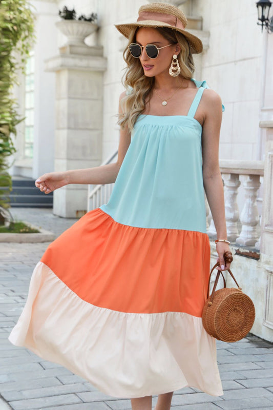 Color Block Tie-Shoulder Sleeveless Dress - GlamZation