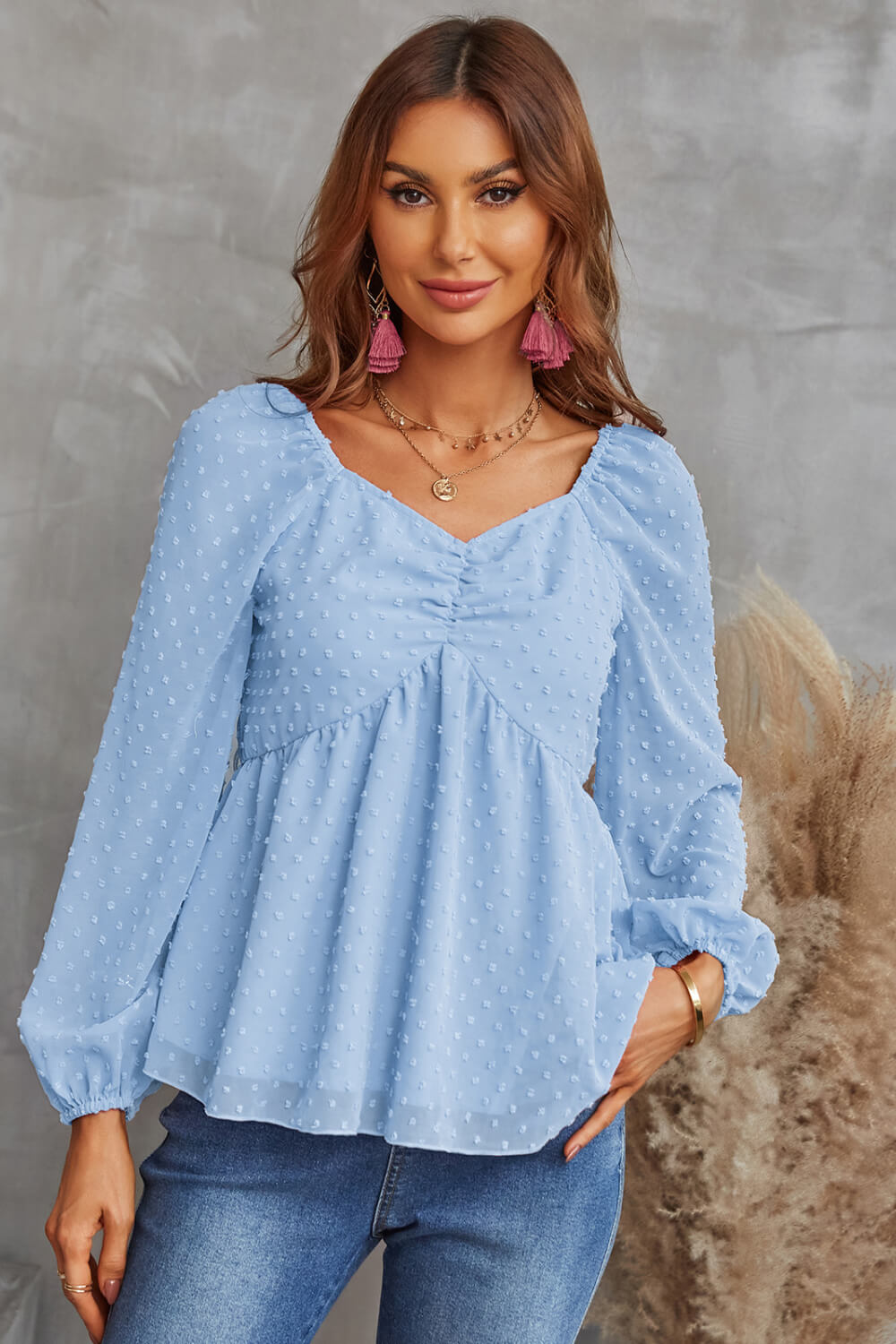 Swiss Dot Ruched V-Neck Babydoll Blouse - GlamZation