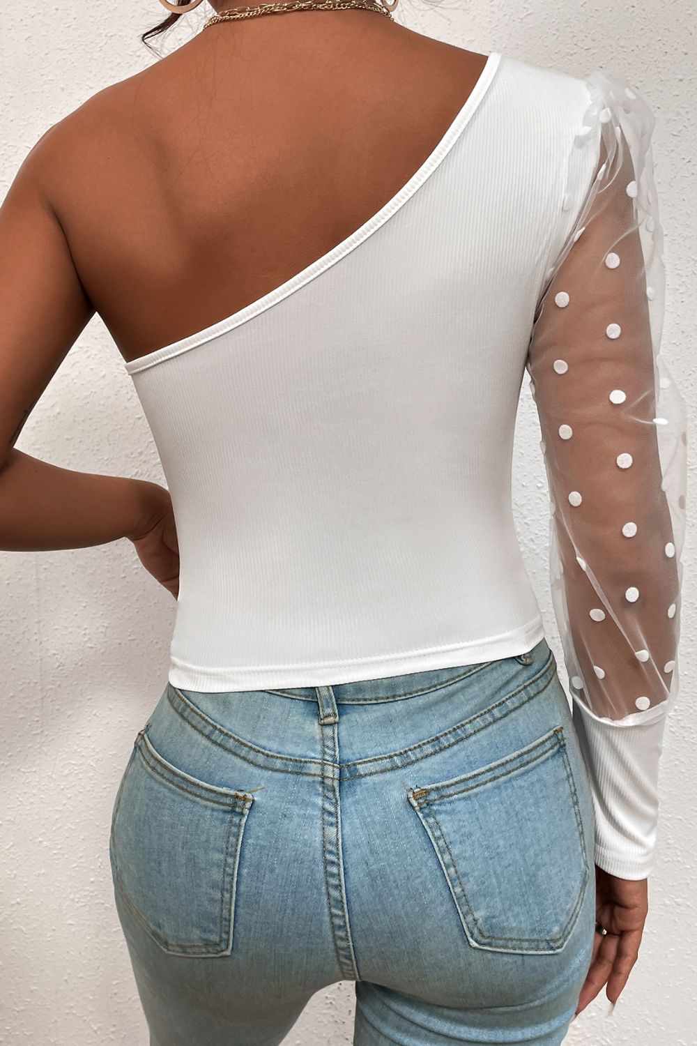 Polka Dot Spliced Mesh Sleeve Cropped Top - GlamZation