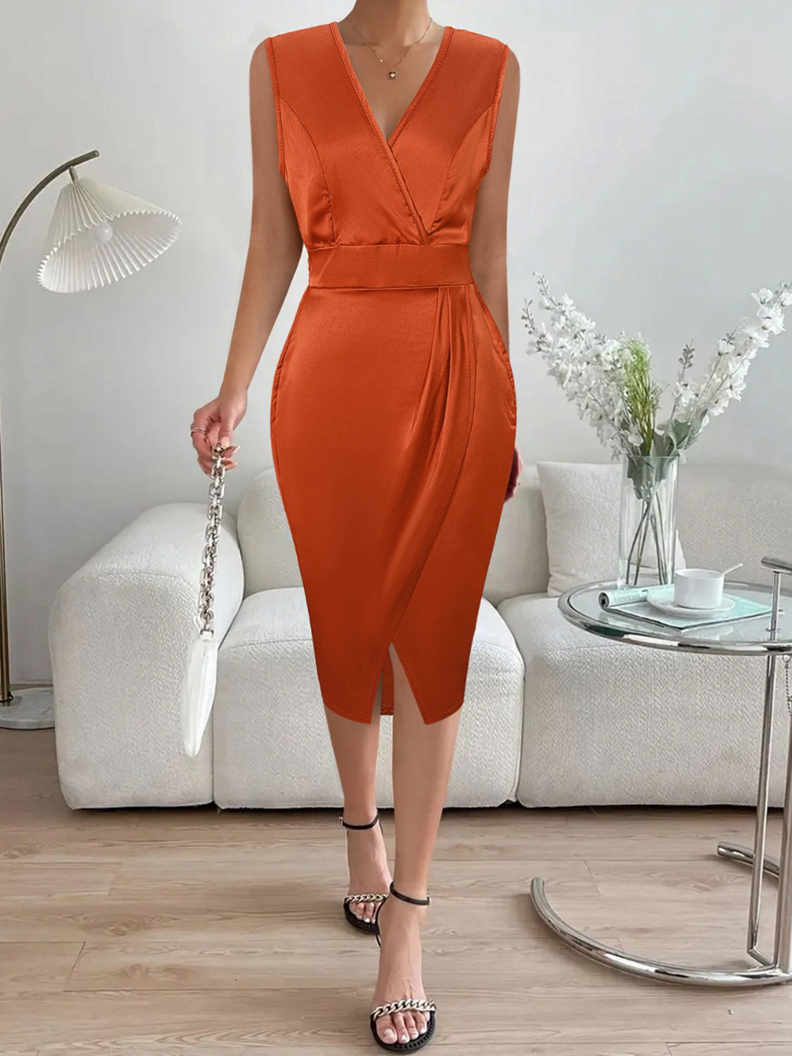 Slit Surplice Sleeveless Midi Dress