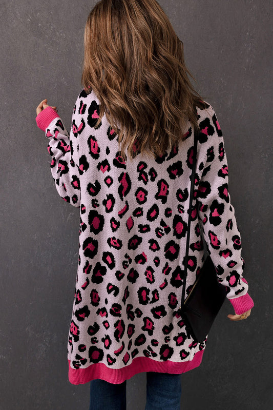 Leopard Contrast Trim Open Front Longline Cardigan