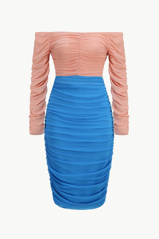 Two-Tone Off-Shoulder Ruched Dress