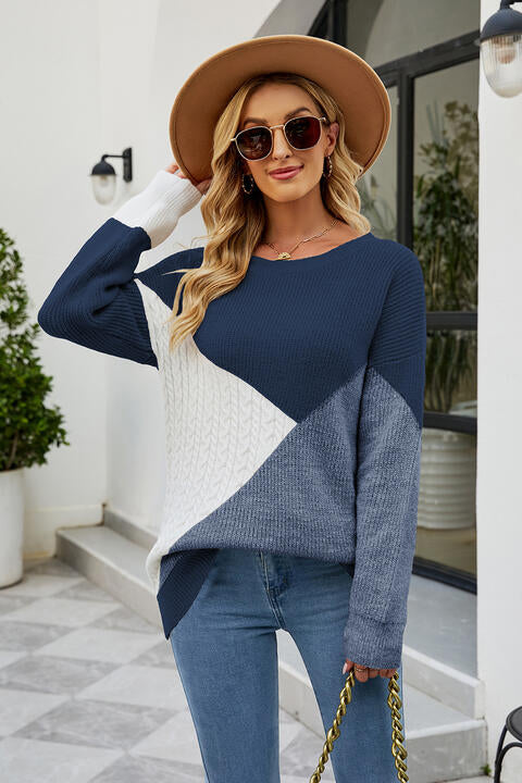 Color Block Round Neck Sweater