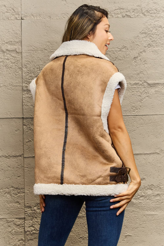 Collared Zip-Up Suede Sherpa Vest