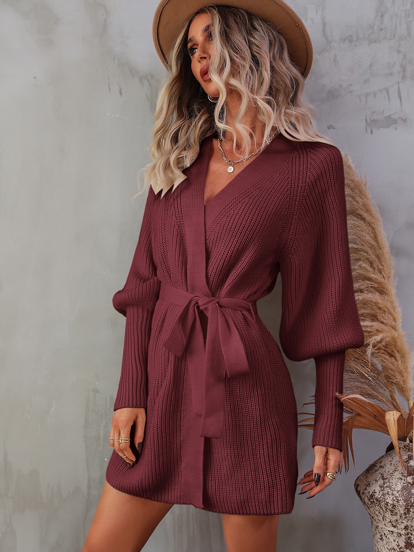 Belted Surplice Lantern Sleeve Wrap Sweater Dress - GlamZation