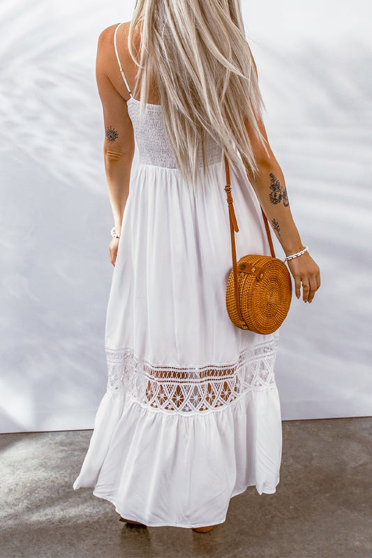 Buttoned Spliced Lace Spaghetti Strap Maxi Dress - GlamZation
