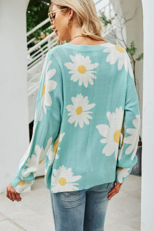 Daisy Print Openwork Round Neck Sweater - GlamZation