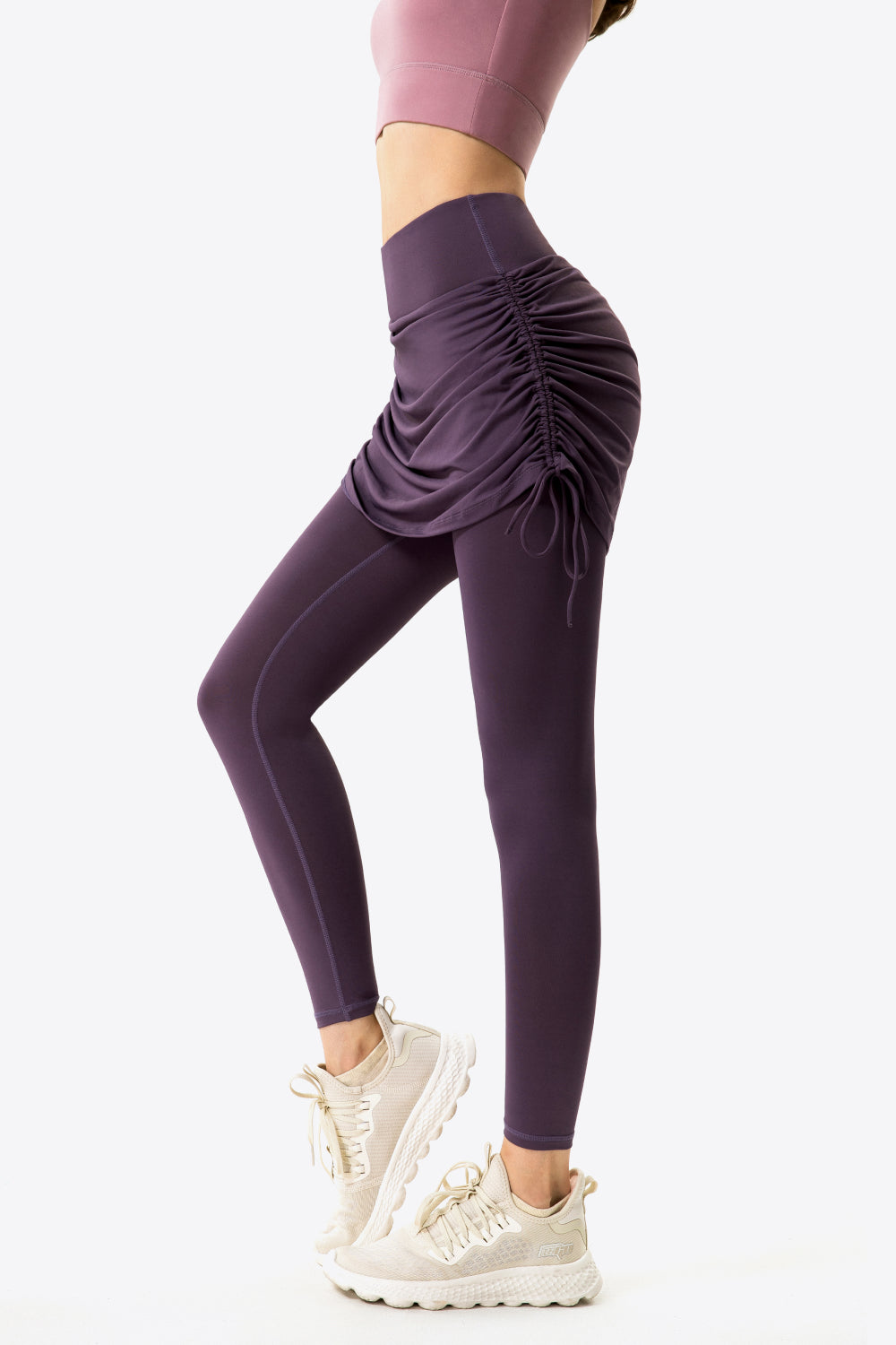 Drawstring Ruched Faux Layered Yoga Leggings - GlamZation