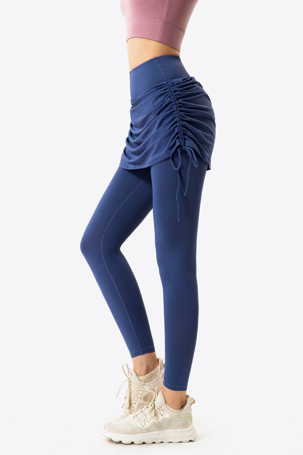 Drawstring Ruched Faux Layered Yoga Leggings - GlamZation