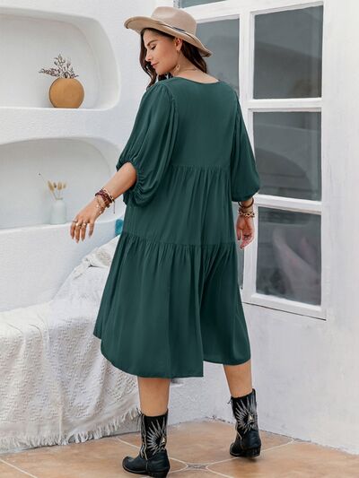 Plus Size Tie Neck Balloon Sleeve Midi Dress