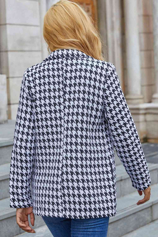 Houndstooth Lapel Collar Long Sleeve Blazer