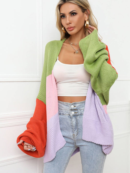 Color Block Open Front Balloon Sleeve Longline Cardigan - GlamZation