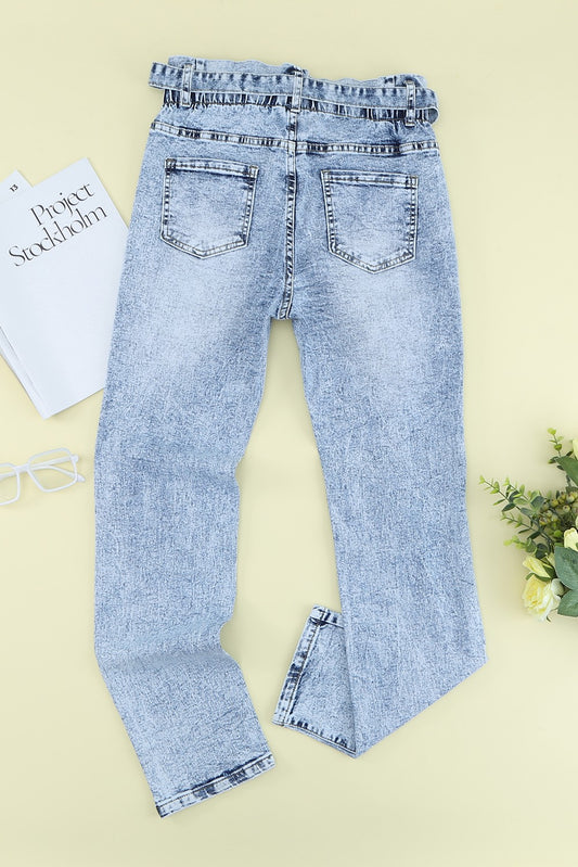 Acid Wash Belted Button Fly Distressed Jeans - GlamZation