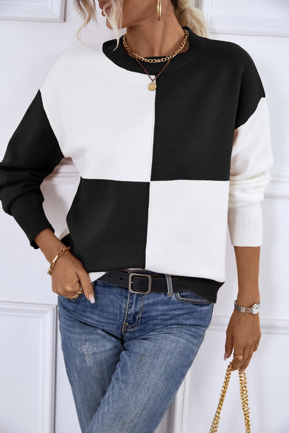 Color Block Ribbed Trim Dropped Shoulder Knit Pullover - GlamZation