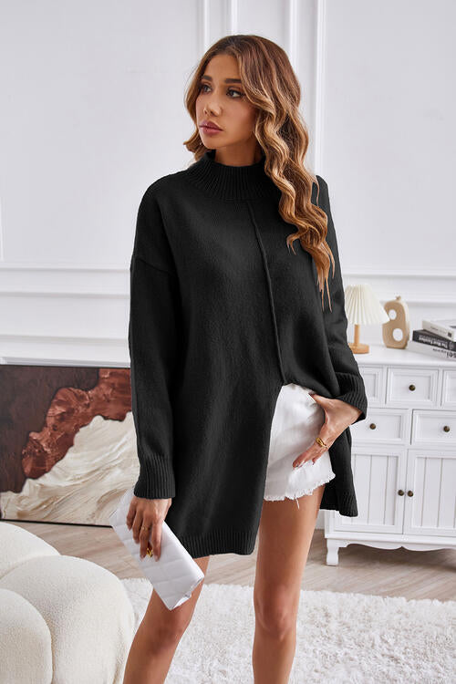 Exposed Seam Mock Neck Slit Sweater