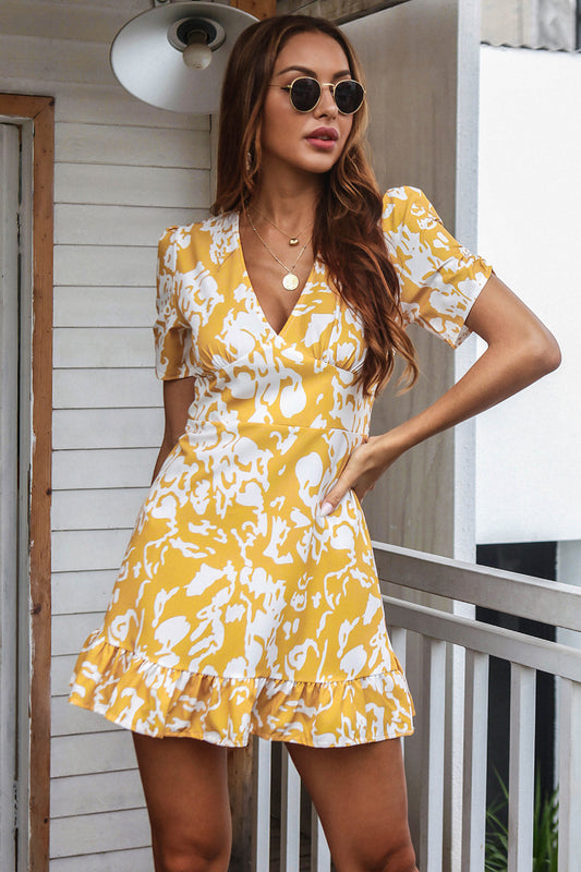 Printed Deep V Gathered Short Sleeve Mini Dress - GlamZation