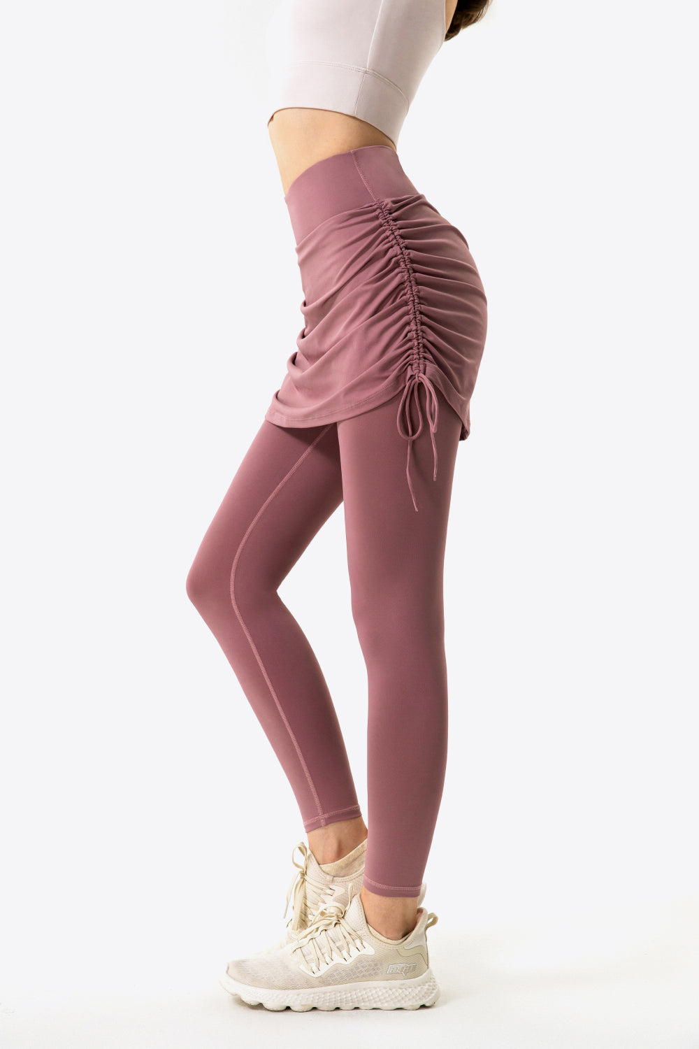 Drawstring Ruched Faux Layered Yoga Leggings - GlamZation