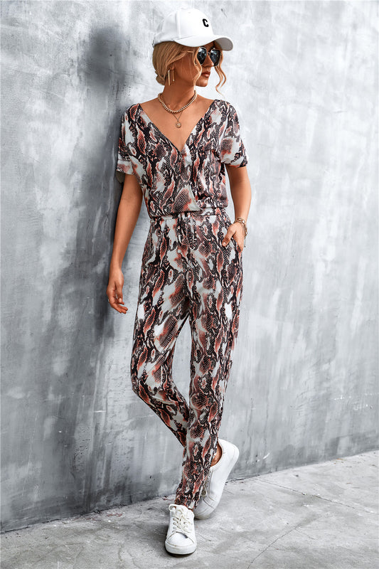 Animal Print V-Neck Jumpsuit with Pockets - GlamZation