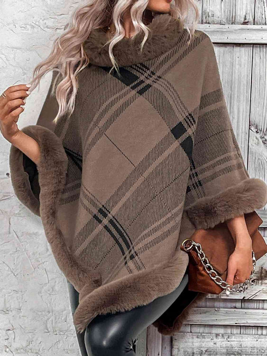 Plaid Faux Fur Trim Poncho