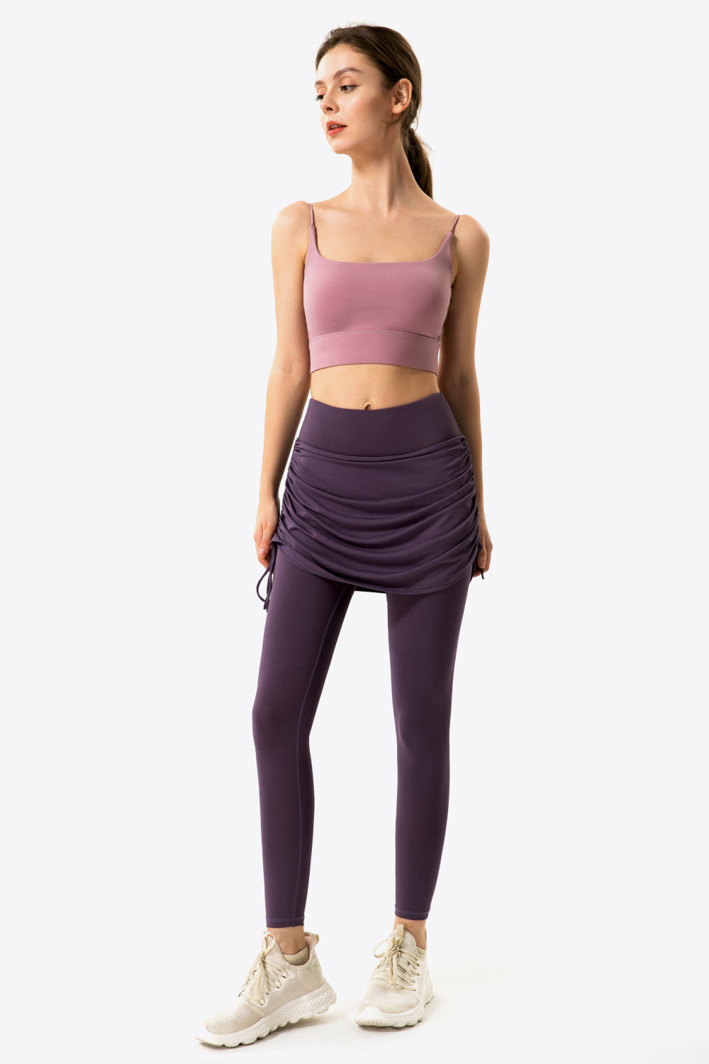 Drawstring Ruched Faux Layered Yoga Leggings - GlamZation