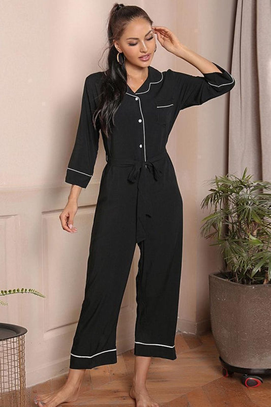 Contrast Belted Lapel Collar Jumpsuit - GlamZation