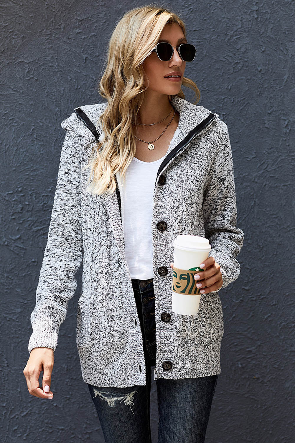 Cable-Knit Fleece Lining Button-Up Hooded Cardigan - GlamZation