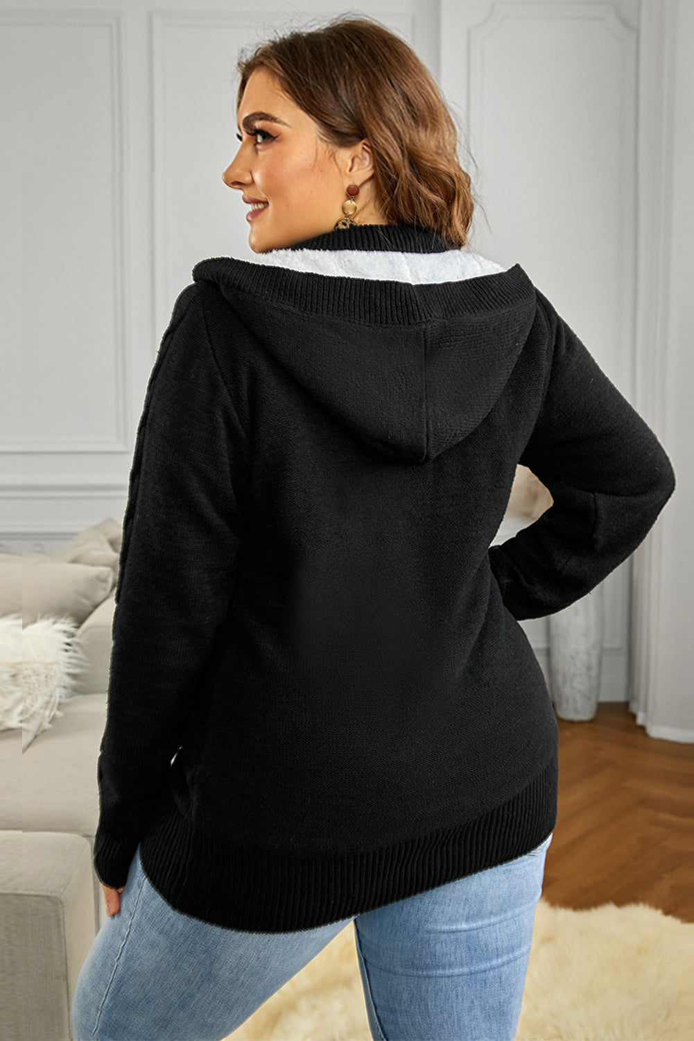 Cable-Knit Fleece Lining Button-Up Hooded Cardigan - GlamZation