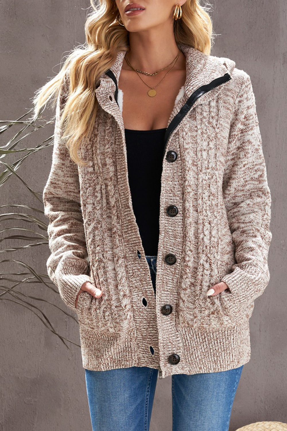 Cable-Knit Fleece Lining Button-Up Hooded Cardigan - GlamZation