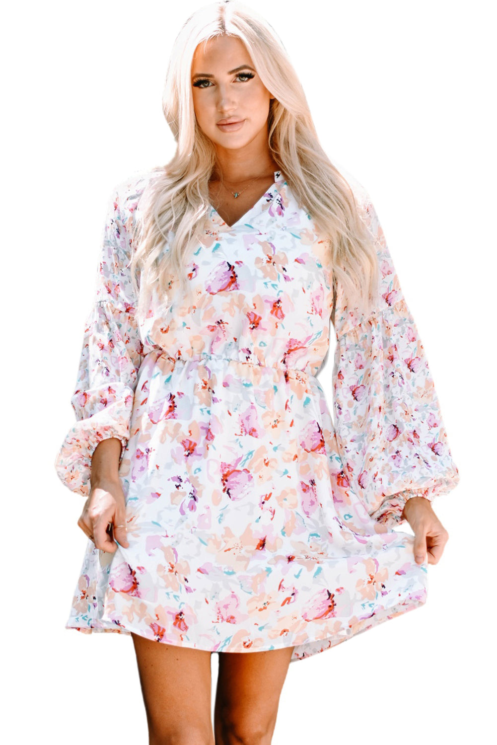 Floral Bubble Sleeve V-Neck Dress - GlamZation