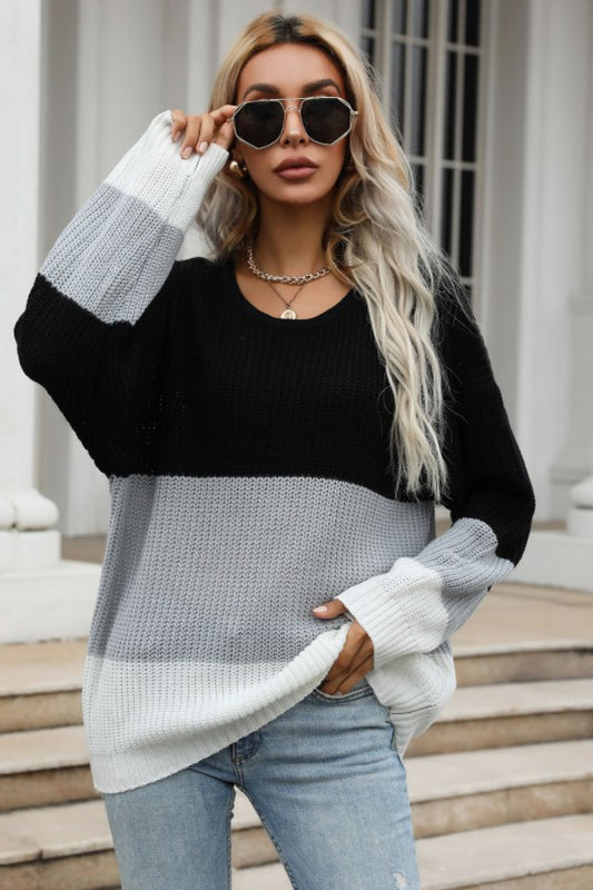 Color Block Long Sleeve Chunky Knit Sweater - GlamZation