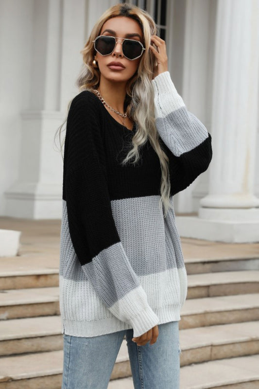 Color Block Long Sleeve Chunky Knit Sweater - GlamZation