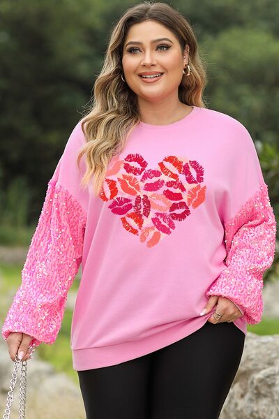 Plus Size Lip Sequin Dropped Shoulder Sweatshirt