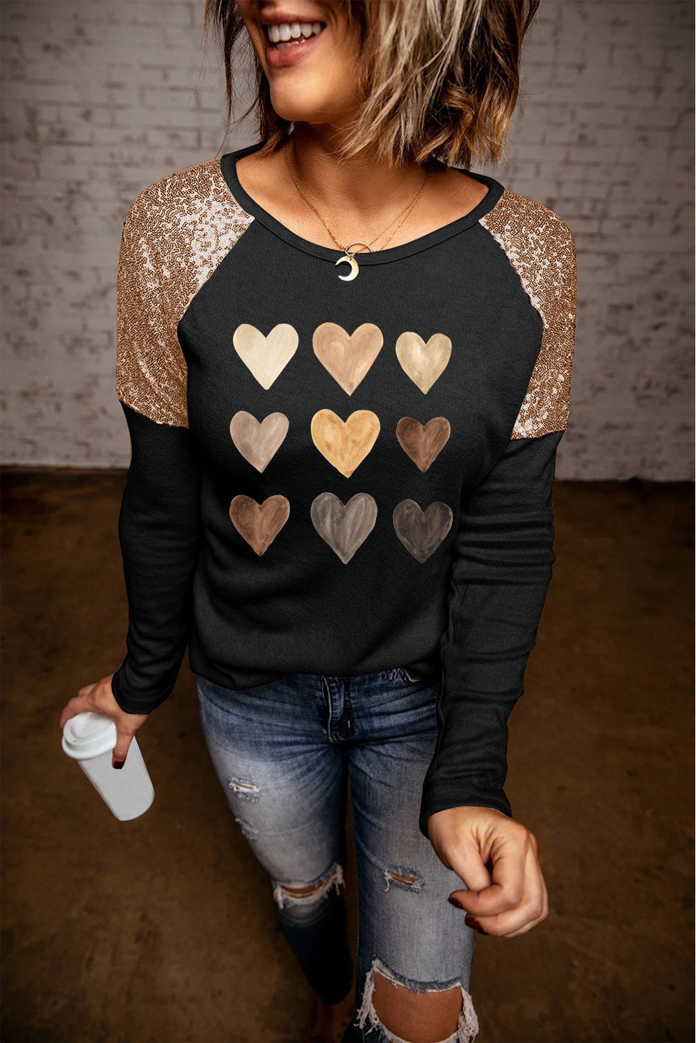 Contrast Sequin Heart Graphic Raglan Sleeve Top - GlamZation