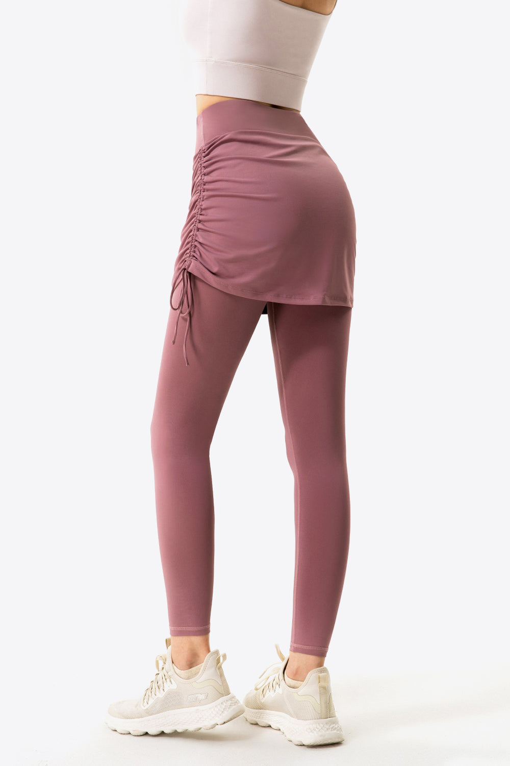 Drawstring Ruched Faux Layered Yoga Leggings - GlamZation