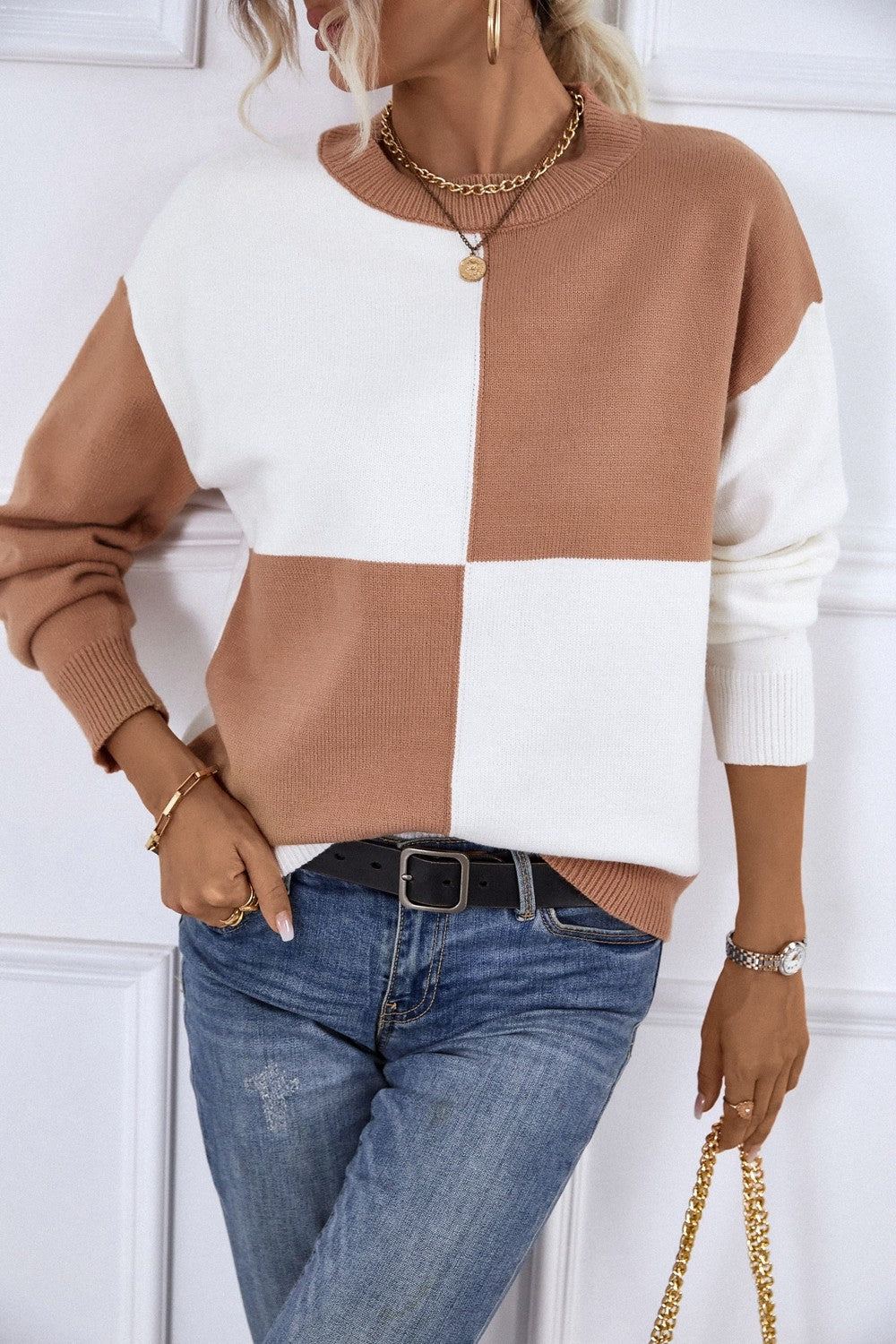 Color Block Ribbed Trim Dropped Shoulder Knit Pullover - GlamZation