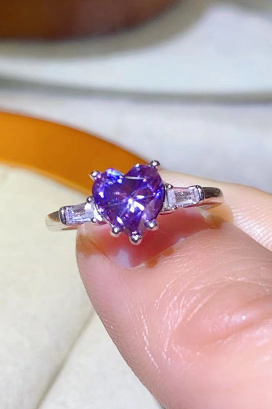 1 Carat Moissanite Heart-Shaped Platinum-Plated Ring in Purple - GlamZation