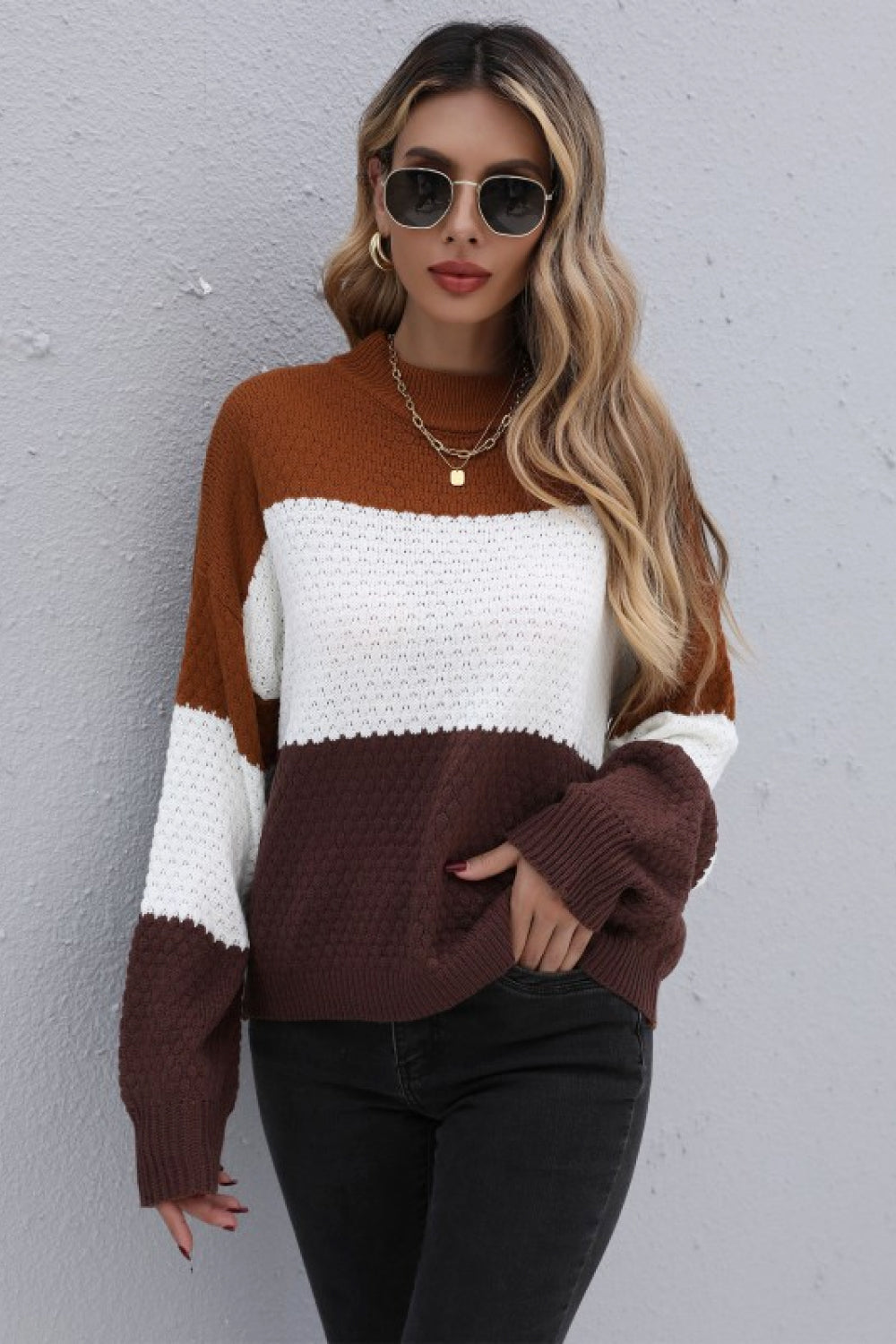 Color Block Long Sleeve Sweater - GlamZation