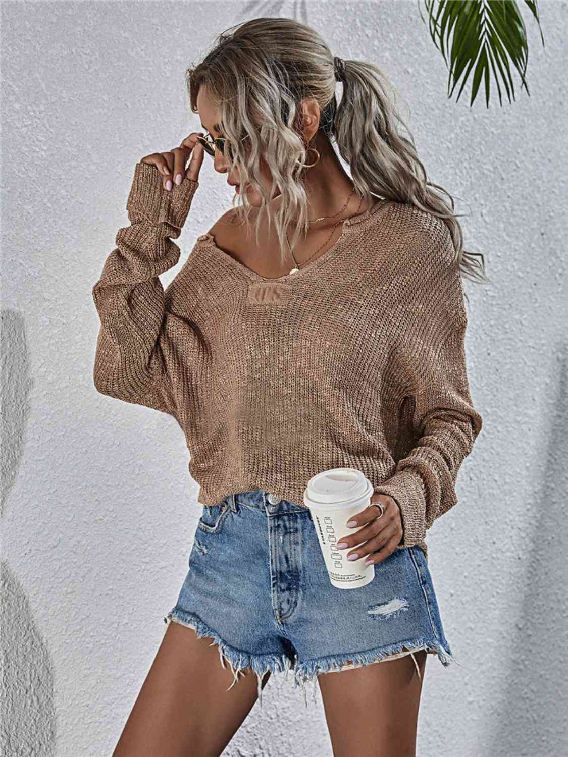 Notched Neck Slit Knit Top