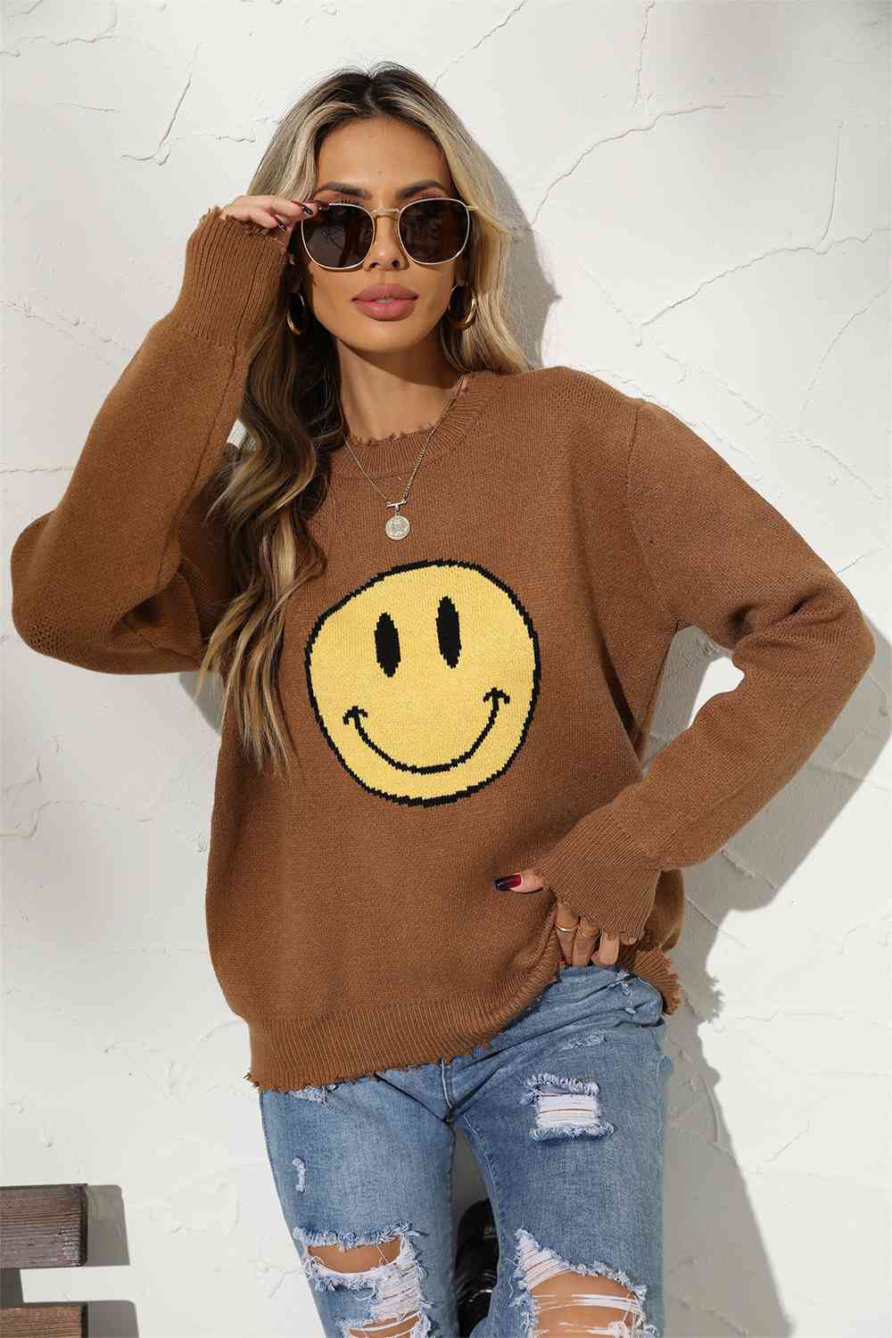 Round Neck Long Sleeve Smily Face Graphic Sweater