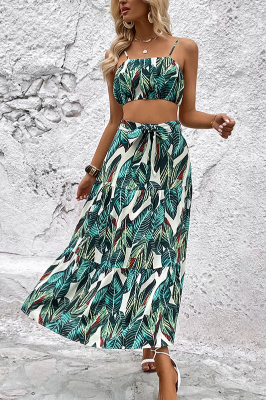 Botanical Print Cami and Tiered Skirt Set - GlamZation