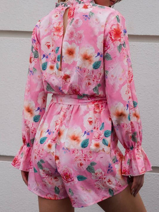 Floral Button Front Tie-Waist Flounce Sleeve Romper - GlamZation