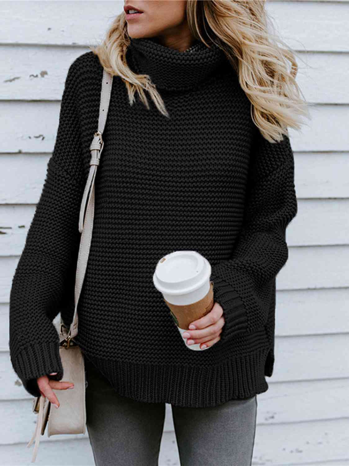 Turtleneck Dropped Shoulder Slit Sweater