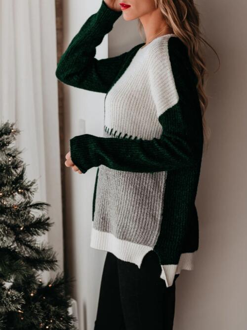 Color Block Round Neck Long Sleeve Sweater