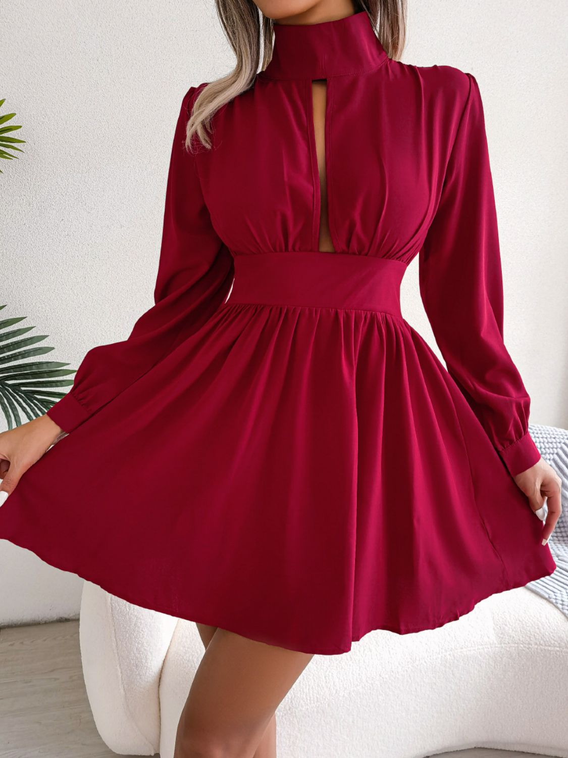 Cutout Turtleneck A-Line Mini Dress - GlamZation